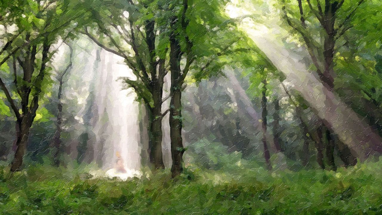 Une colonne de lumière venant des cieux resplendit sur Joseph Smith pendant l’événement connu sous le nom de Première Vision