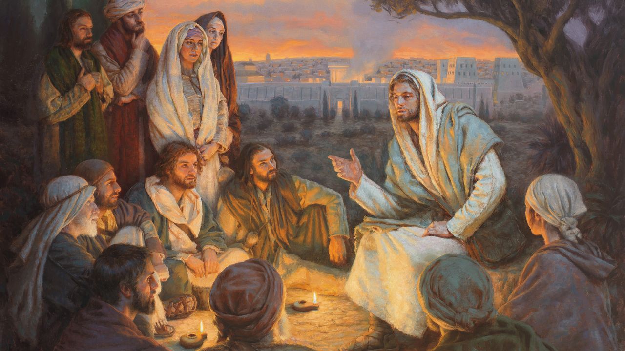 Jésus-Christ instruit ses disciples sur une colline surplombant les portes de la ville de Jérusalem