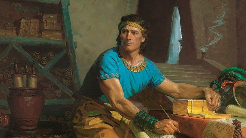 Mormon, auteur principal du Livre de Mormon, transcrit les plaques d’or dans une grotte
